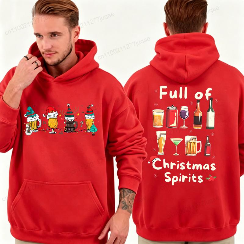 Men Women Funny Full of Christmas Spirits Print Hoodies Beer Wine Graphic Sweatshirts Xmas Holiday Party Hoodies Christmas Gift
