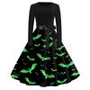 Women's Casual Halloween Print Dress Long Sleeve Round Neck Vintage Style Midi Dress with Waist Tie for Seasonal Occasion