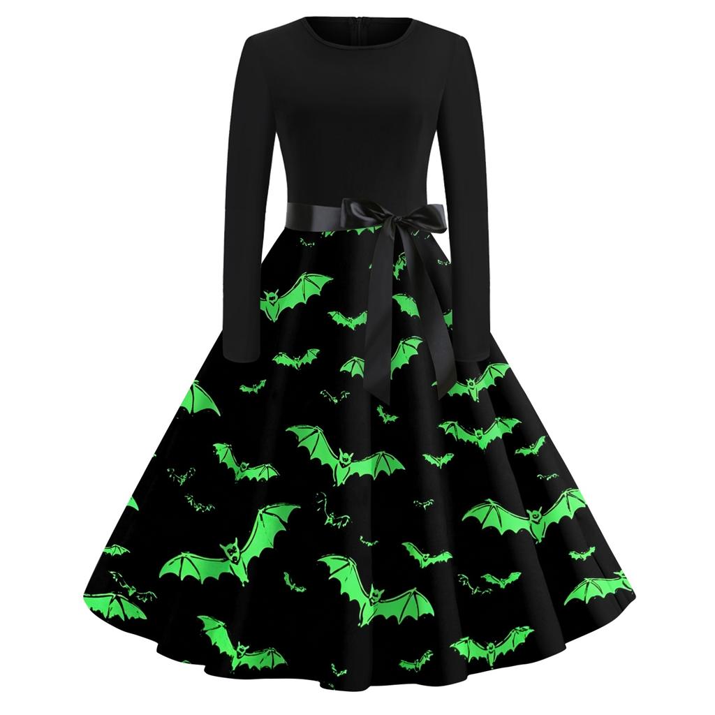Women's Casual Halloween Print Dress Long Sleeve Round Neck Vintage Style Midi Dress with Waist Tie for Seasonal Occasion