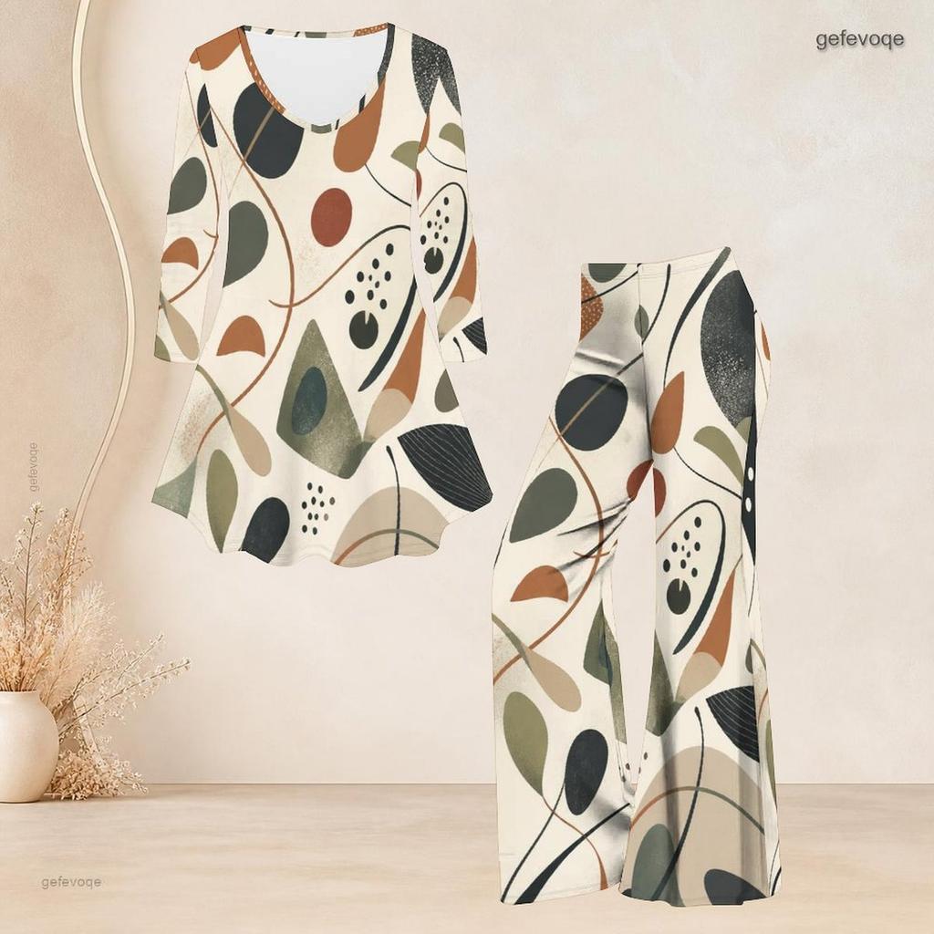 Women Plus Size V Neck Three Quarter Sleeve Plaid Printed Tunic Top Flared Pants Two Piece Set
