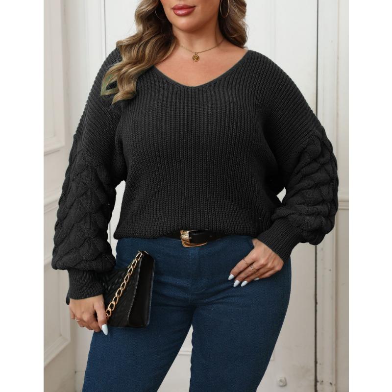 Women Plus Size V Neck Pullover Sweater With Pineapple Sleeve