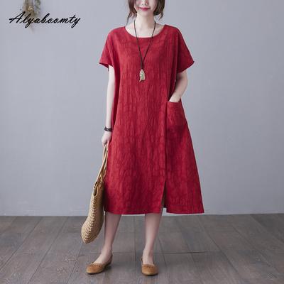 Плюс Размер Лето Женское Однотонное Платье А-силуэта Короткое Платье С О-образным Вырезом Красное Темно-синее Черное Зеленое Платье С Разрезом Жаккардовое Хлопковое Свободное Платье С Карманом