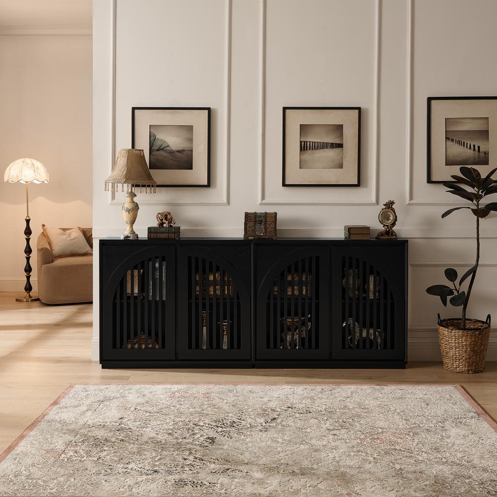 Mid-Century Modern Sideboard with Fluted Fronts and 2 Outlet Openings, Narrow Side Cabinet for Living Room, Hallway, Kitchen or Coffee Bar, Black