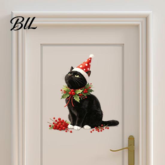 Black Cat Party Supplies Christmas Cute Wall Sticker, PVC Decal with Polka Dot Cone Hat Holiday Stickers And Red Berries, Waterproof Removable