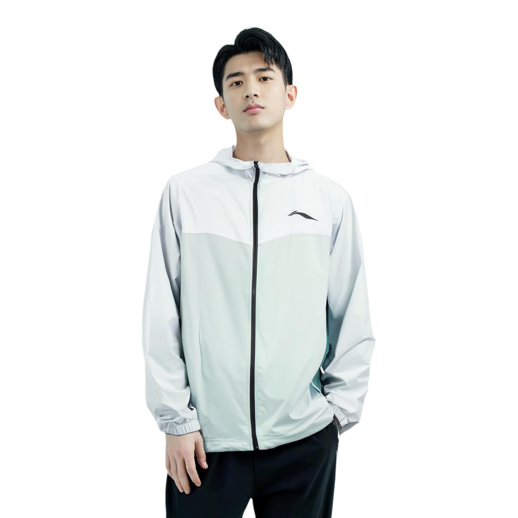 Li-Ning Однотонная светоотражающая влагоотводящая солнцезащитная куртка с капюшоном, мужские куртки белого и светло-голубого цвета AFDT185-8
