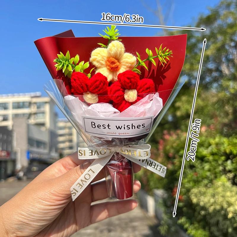 Valentine'S Day Mini Bouquet Artificial Rose Flowers Handmade Crochet Flower Bouquet Christmas Wedding Party Gifts Home Decor