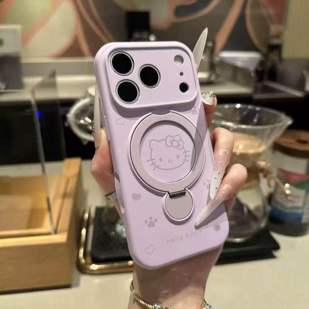 Магнитный чехол из жидкого силикона для Apple 17 Pro - Мультяшный чехол KT Cat с подставкой Защитная крышка