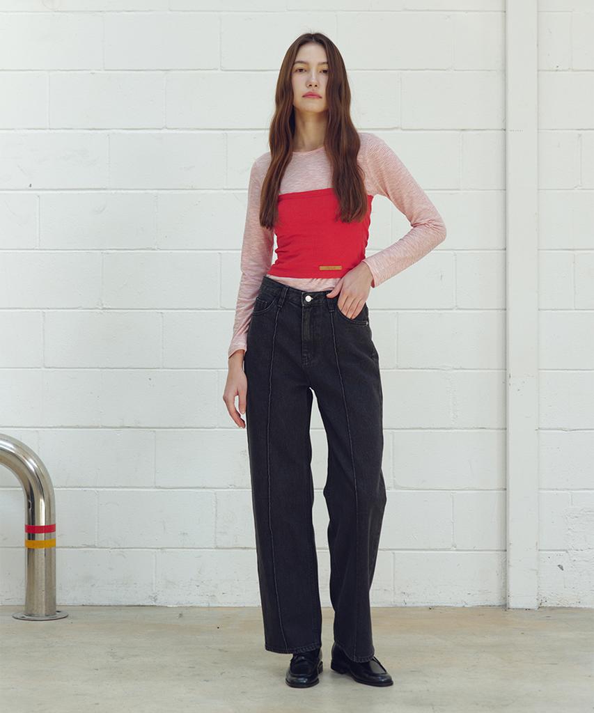 JBYRARA Pintuck Detail Straight Fit Denim Pants_Black