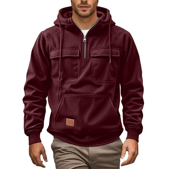 Men Hoodie Zipper Half Placket Hooded Drawstring Long Sleeve Sport Tops with Pockets Solid Color Multi-Pocket Design Warm Sweatshirt