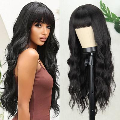 Синтетические длинные черные парики с челкой, натуральные волнистые волосы, парик для женщин, повседневный косплей, вечерние, термостойкий