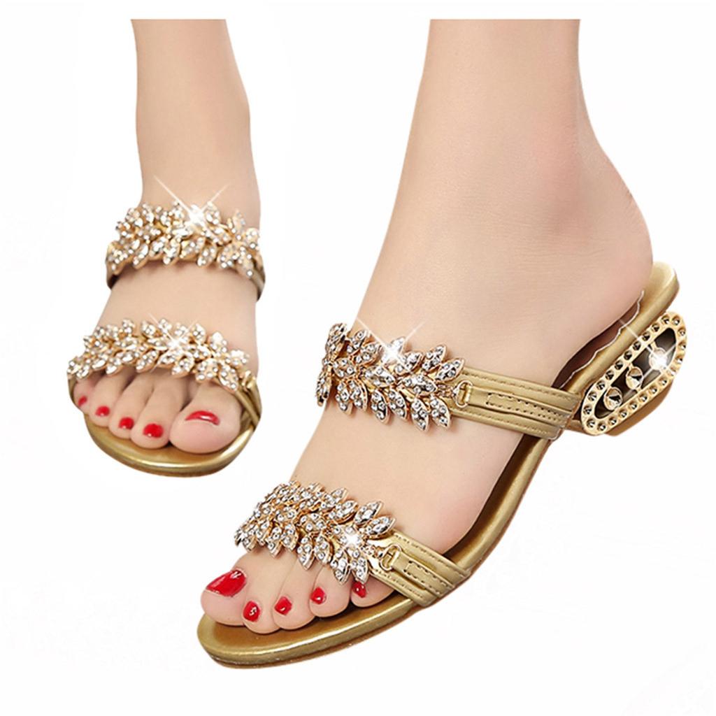 Summer New Fashion Ladies Non-Slip Mid-Heel Rhinestone Slippers Sandals