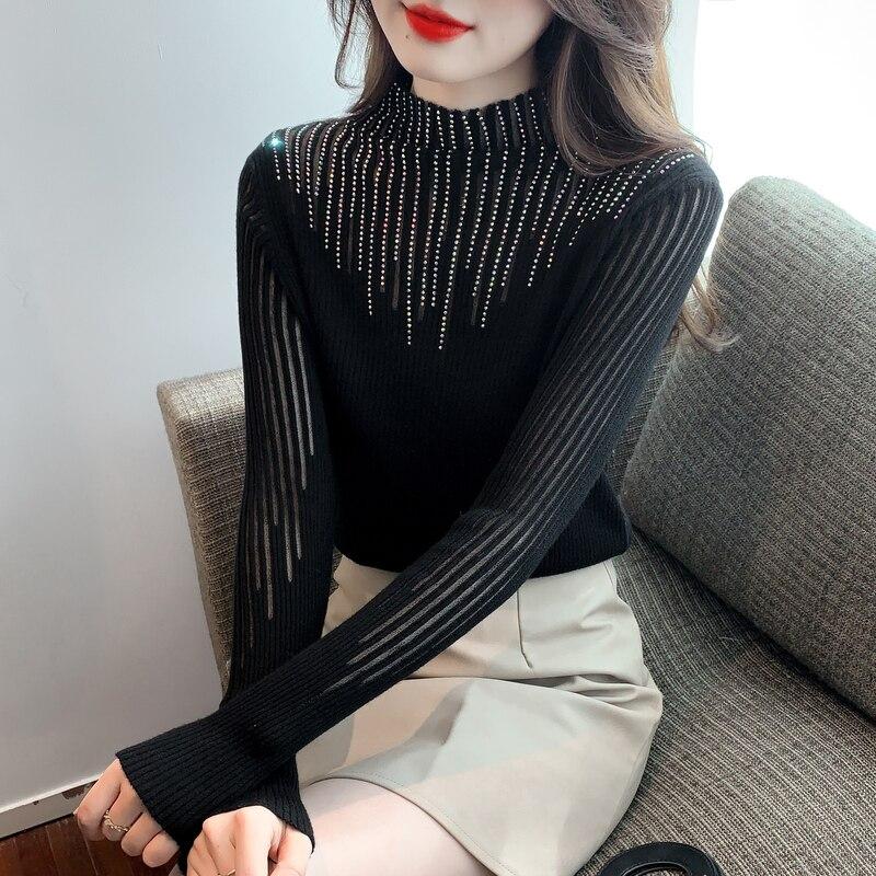 Топы с полувысоким воротником, женские пуловеры с длинными рукавами, осень и зима 2023, облегающий свитер, однотонная одежда 29091