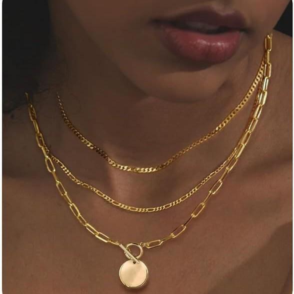 Женский многослойный чокер-ожерелье с золотым покрытием - Набор из 3 минималистичных цепочек кубинского плетения и скрепки