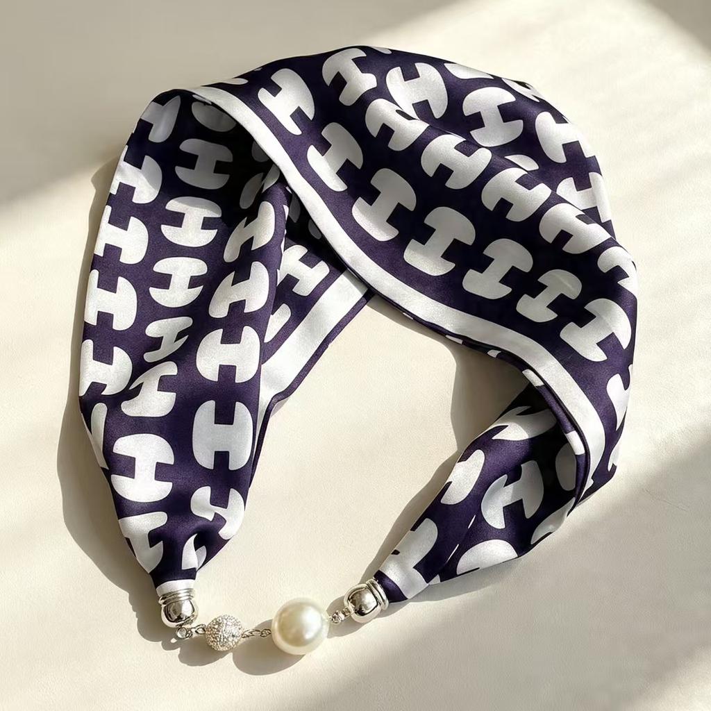 New retro pearl magnetic buckle small silk scarf women's high-end satin printed scarf summer versatile small scarf