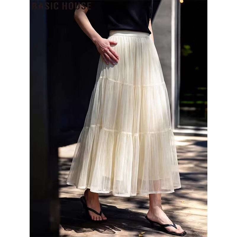 Basic House French A-Line Mesh Midi Skirt