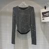 Casual Diamond Bright Design Long Sleeve T-shirt For Women Irregular Round Neck Simple Top 2023 Autumn Female New 11XX5835