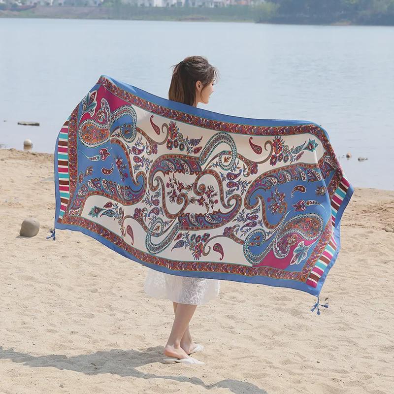Seaside Travel Cotton & Linen Scarf: Silk Print, Sunscreen Shawl