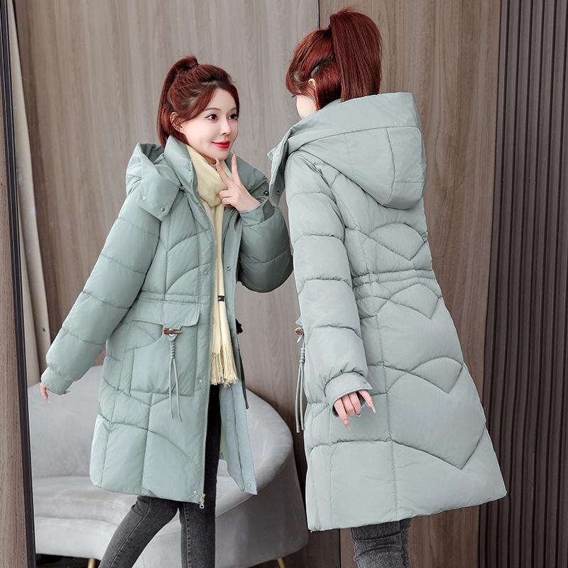 Medium and long cotton-padded clothes, new women's winter clothes, hooded drawstring waist cotton clothes, white, black and brown coat.