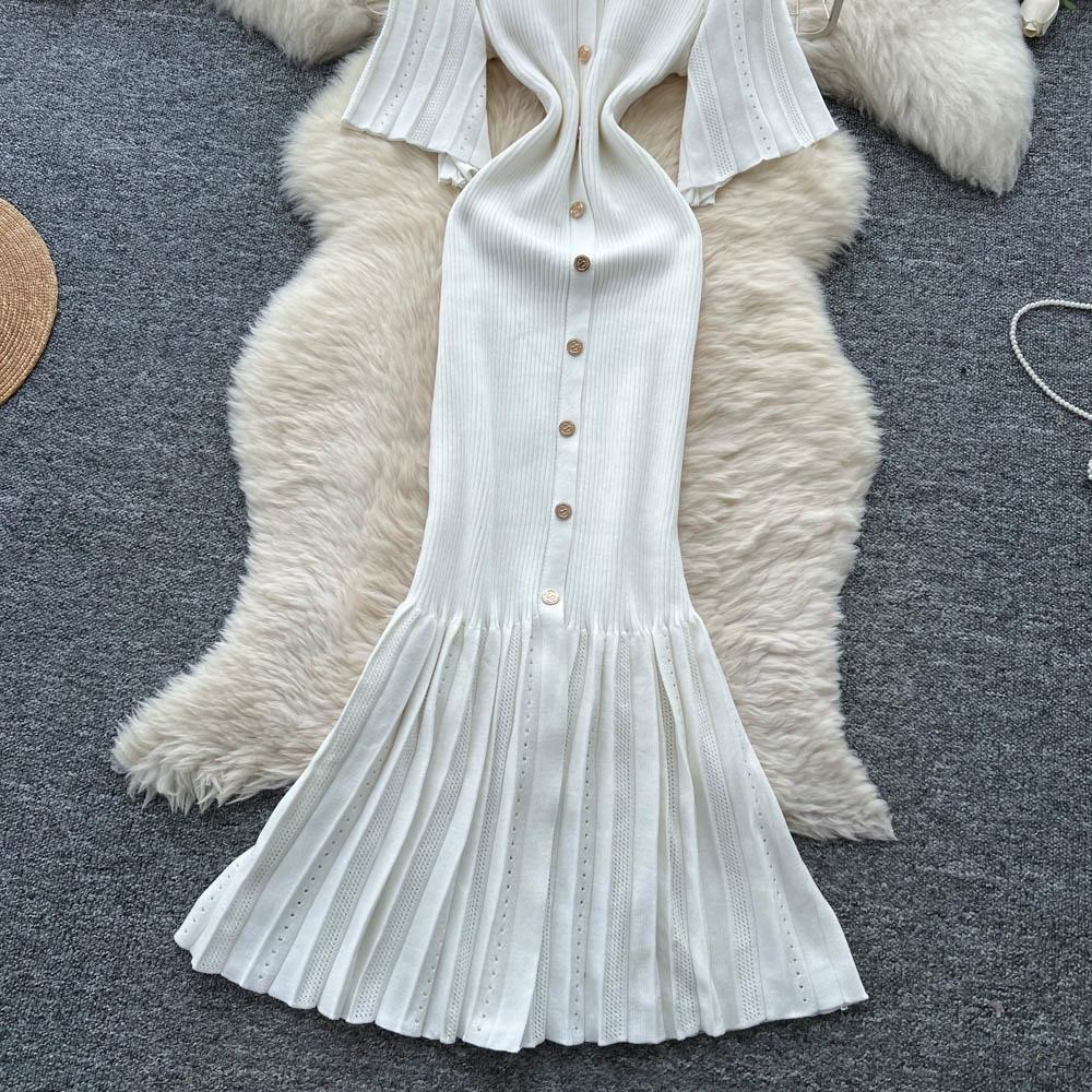 Летние женские элегантные платья-свитера облегающего кроя с V-образным вырезом и застежкой на одну пуговицу, длинные макси с юбкой «рыбий хвост»