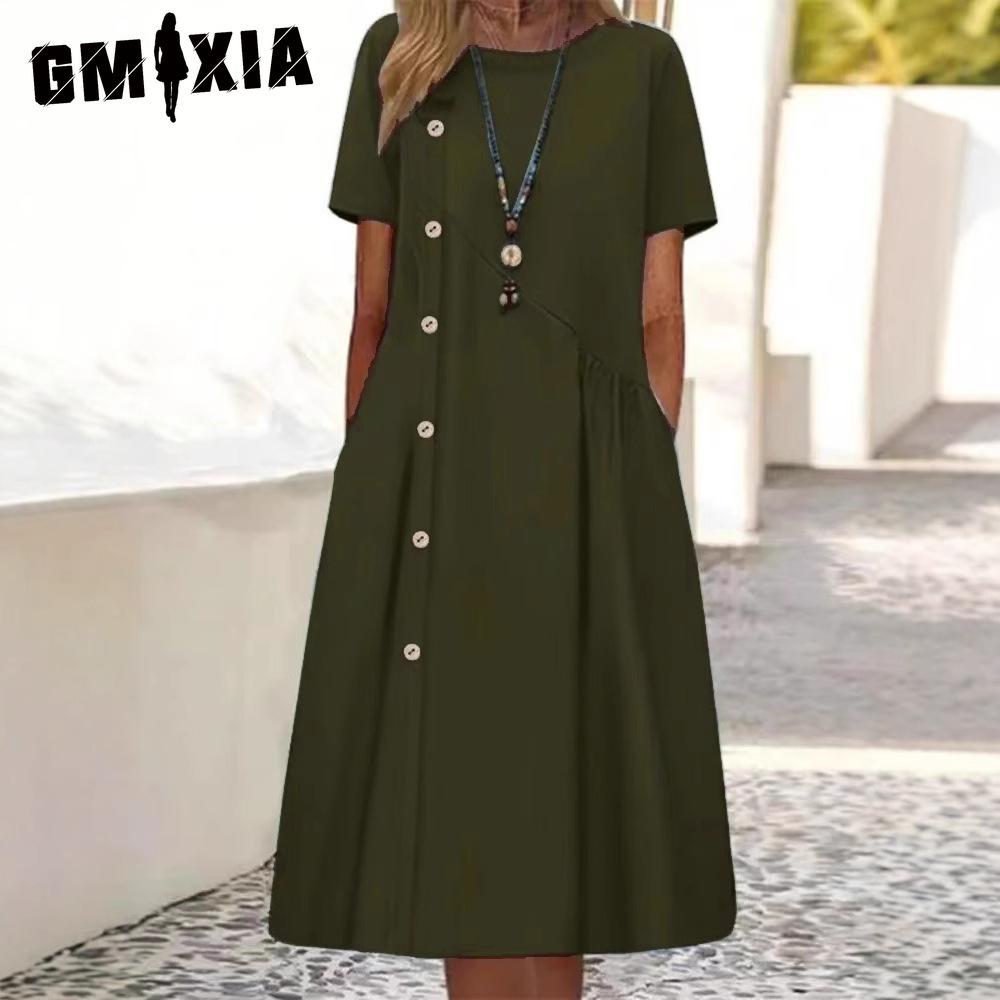GMXIA Women's Fashion Summer Spring Solid Color Print Short Sleeve O-Neck High Waist Casual Dresses