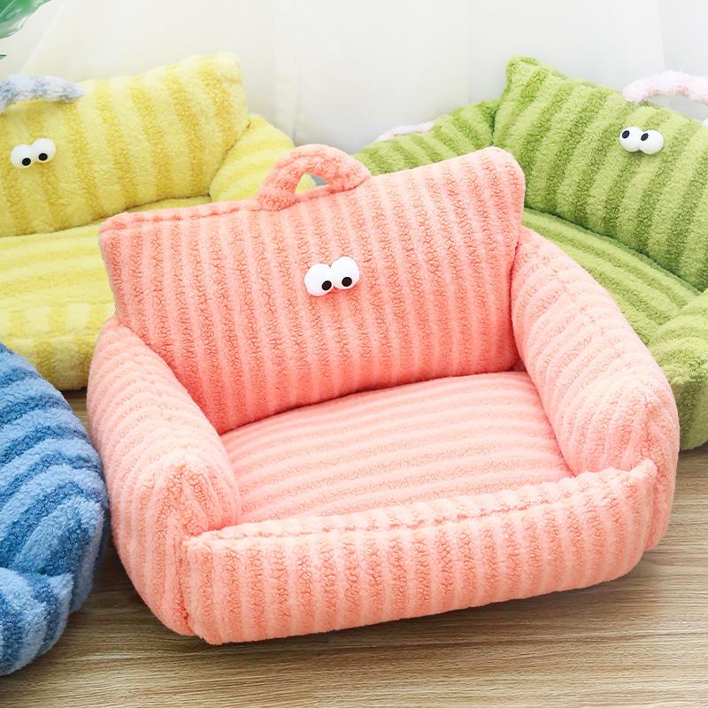 Striped Sofa Shaped Pet Bed Macaron Portable Handheld Kennel Soft Plush Small Medium Puppy Sleeping Couch