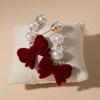 Pearl Wine Red Bow Drop Earrings Bowknot New Year Earrings Red Velvet Bow Earrings  Decoration