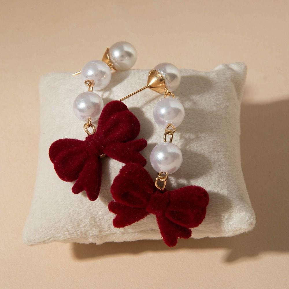Pearl Wine Red Bow Drop Earrings Bowknot New Year Earrings Red Velvet Bow Earrings Decoration