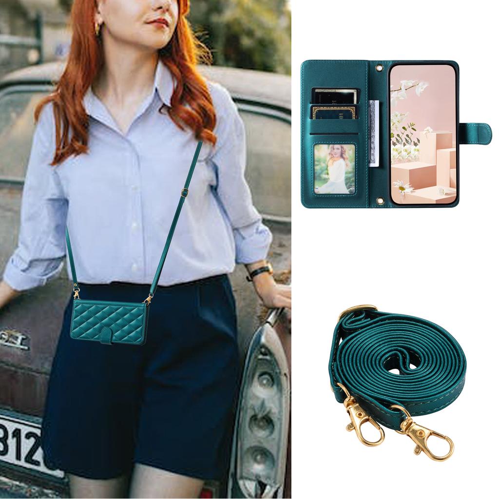 For iPhone 11 Pro Max Leather Case Stitching Rhombus Grid Crossbody Phone Cover