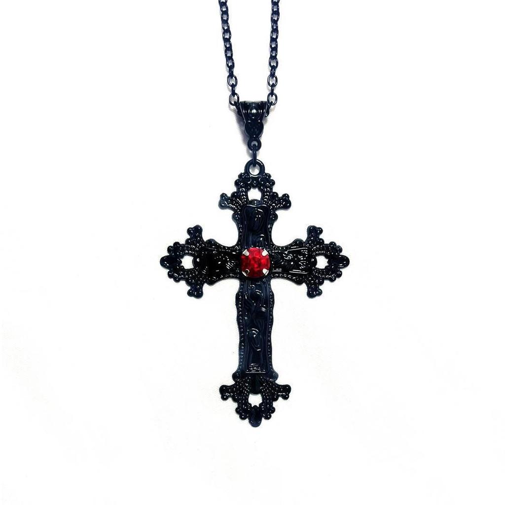 Gothic Y2K Punk Crystal Black Cross Pendant Choker Necklace for Women