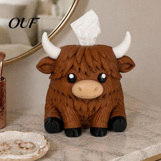 Modern Farmhouse Aesthetic Decor Simulated Highland Yak Tissue Box, Cute Decorative Paper Dispenser, Waterproof Bedroom Dresser Organizer Matte