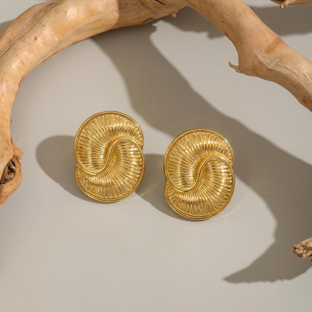 Stainless Steel Texture Geometric Spiral Stud Earrings for Women Vintage Gold Color Unusual Stud Earrings Trending Jewelry Gift