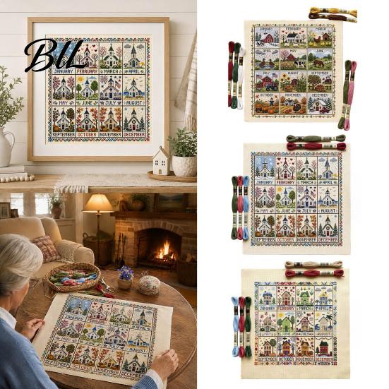 Handcrafted Home Wall Hanging 12-Month Cross Stitch Kit, DIY Four Seasons Embroidery Seasonal Easy Pattern for Novice Stamped Stitching Craft