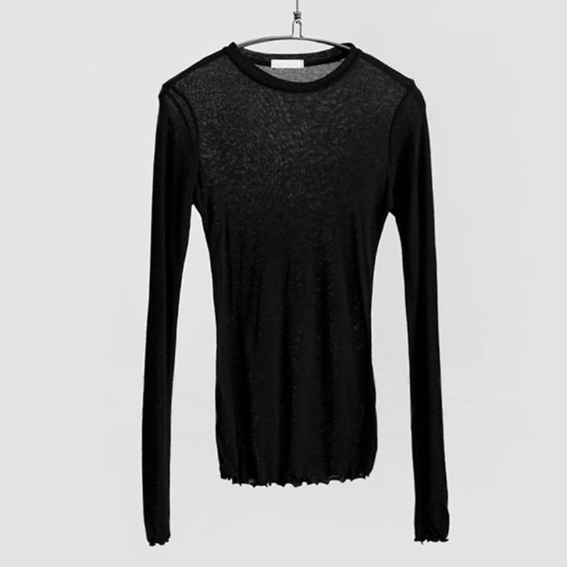 Весенняя повседневная футболка с длинным рукавом, новая тонкая женская однотонная базовая футболка, женская модная тонкая майка 2024, сексуальные футболки, блузка 60