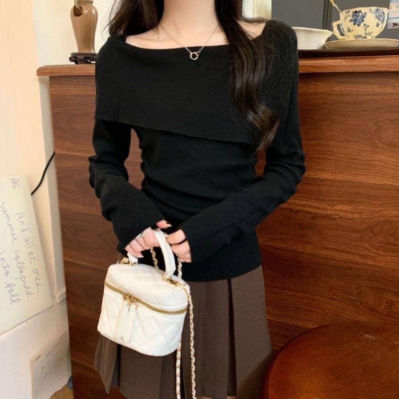 Irregular One-word Shoulder Sweater Women's Spring Slim-fit Babes Top Chic Knitted Bottoming Shirt