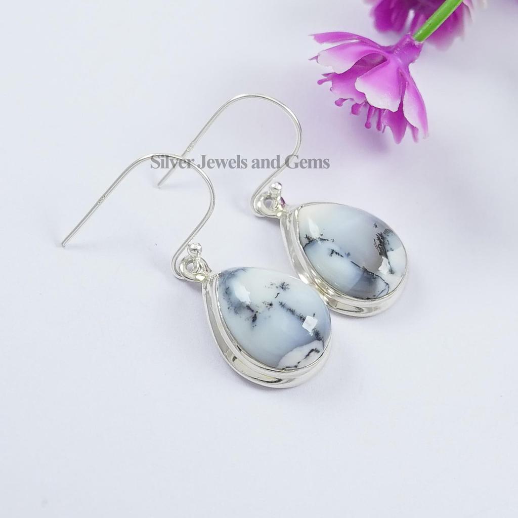 Natural Dendrite Opal Earring, Teardrop Gemstone Earring, Handmade 925 Sterling Silver Earrings, Gift for Mom, Black and White Earring