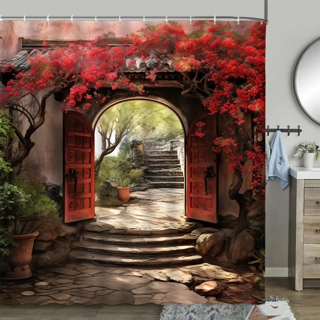 Шторка для душа в китайском стиле, винтажная деревянная доска, садовая постройка, зеленые растения, бамбуковый узор, декор для ванной комнаты, комплект штор
