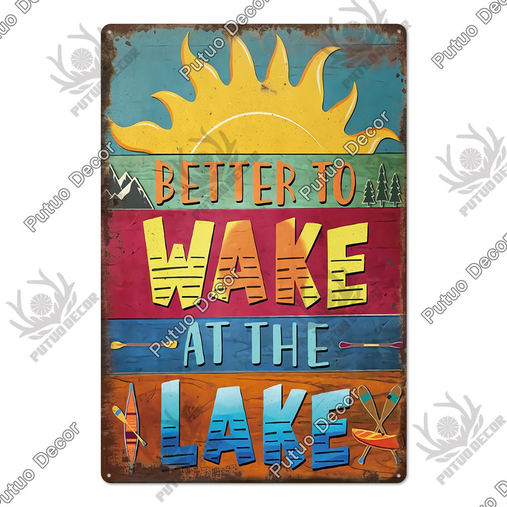 Putuo Decor Винтажные жестяные таблички «Дом у озера», деревенская табличка, металлическая пластина, настенный декор для гостиной, кухни и прихожей, постеры