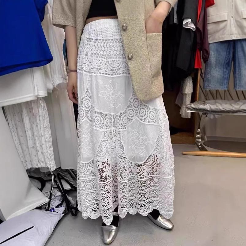 Dimanaf 2025 New Holiday Skirt Women Knitting Lace Long Solid Hollow Out Sexy Hollow Summer Style Basic Dress