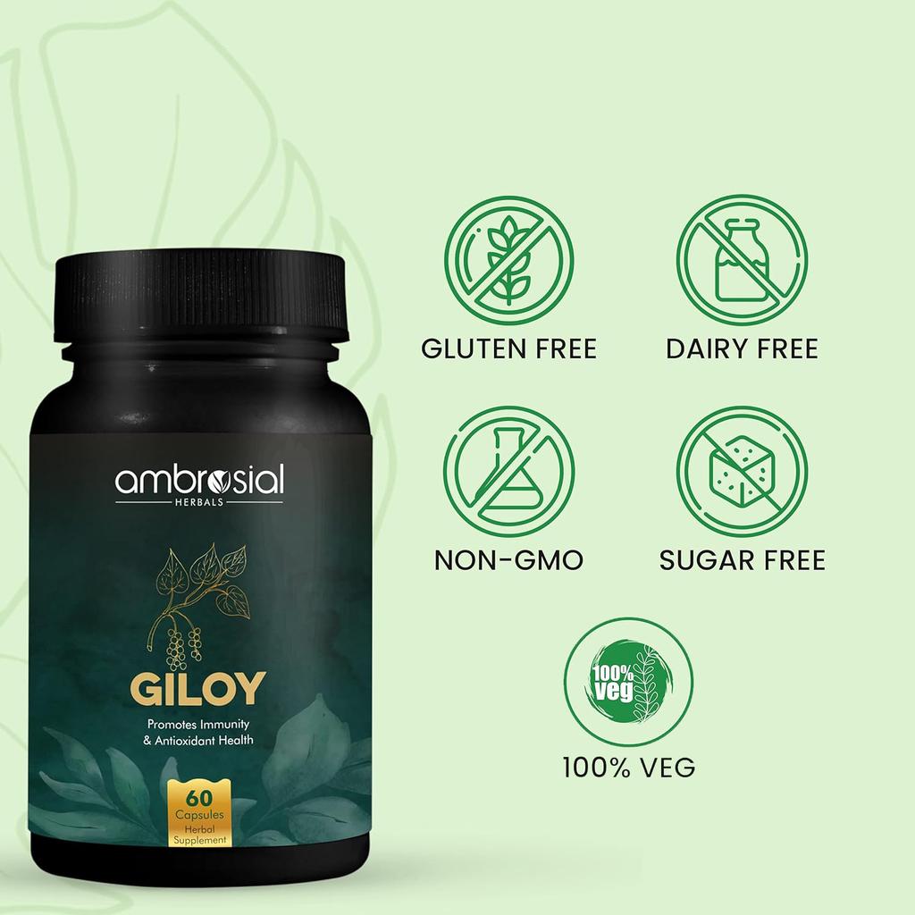 Таблетки Ambrosial Giloy 500 мг | Натуральный экстракт Giloy Guduchi, антиоксидантные свойства, усилитель иммунитета (Упаковка 1-60 капсул)