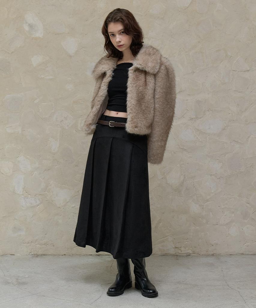 Itove Seoul Suede Long Pleated Skirt Black