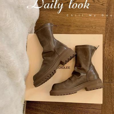 Овчина Виноград Мама Мода Толстый Каблук Толстые Узкие Сапоги Круглый Носок Складка Сзади Молния Наборные Короткие Ботинки Ботинки Мартин Женские Осенние