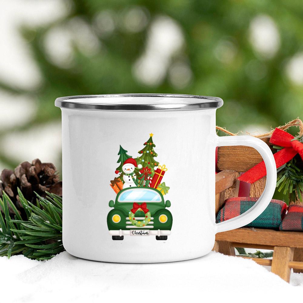 Merry Christmas Tree Snowman Santa Printed Mug Enamel Handle Coffee Cup Banquet Party Drinking Mugs Gift for Family Lover Friend