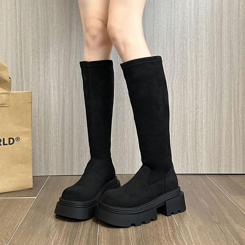 Fashion Winter Platform Thick Heel Woman Knee High Boot Concise Slip On Shoes Ladies Punk Style Knight Long Booties