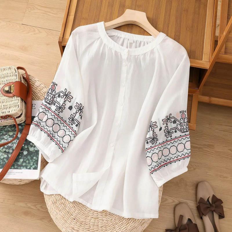 Large Size Cotton Linen T-shirt Summer Loose Casual Embroidery Leisure Single-breasted Short-sleeved Tops Women