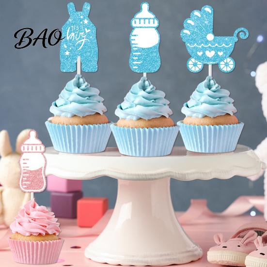 Cupcake Toppers 12Pcs Boy Girl Birthday Cake Toppers, Baby Themed Picks with Glitter Paper Theme Bottle, Stroller, Bow, Suit, Cardboard for