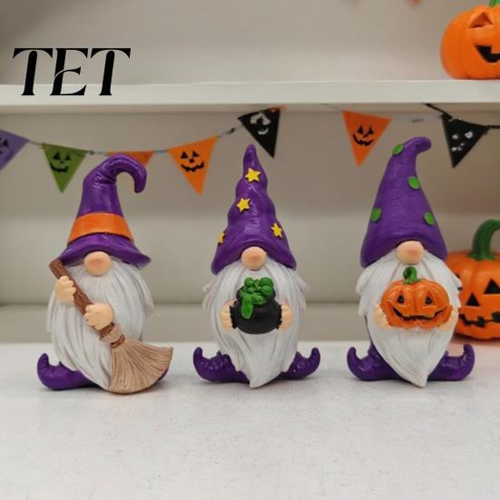 Hand Painted Desktop Figurines Halloween Gnome Resin Figurine, Broom Cauldron Pumpkin Dwarf Cute Cartoon Wizard Gnomes Statue for Desk Shelf,