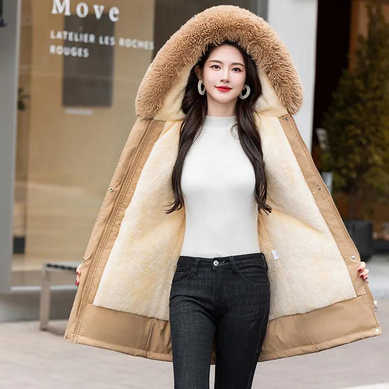 WTEMPO Winter Thickened Plush Parkas Women Large Size Casual Loose Hooded Cotton Coats Solid Color Mid-length Cold-proof Windproof Jackets