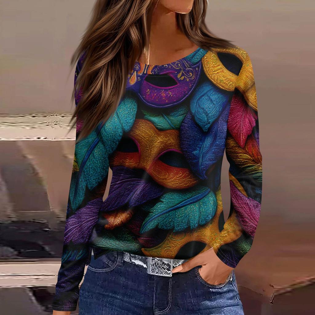 Женская модная повседневная футболка с длинным рукавом, разрезом по подолу и принтом в карнавальном стиле