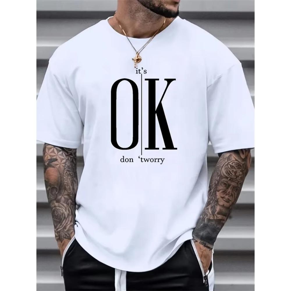 Men's 100 Summer Loose Fit OK Printed T-shirt Tops Cool Design Street Short Sleeve Top Tee Clothing