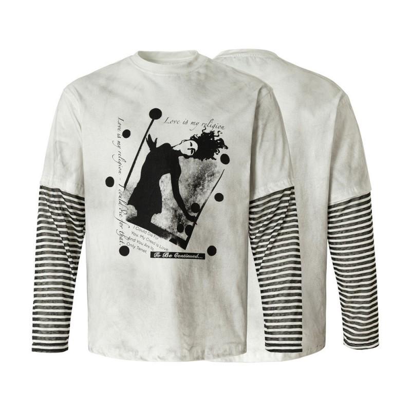 Mens Long Sleeve T-Shirt Loose Fit Striped Patchwork Graphic Tee Streetwear Casual Fall
